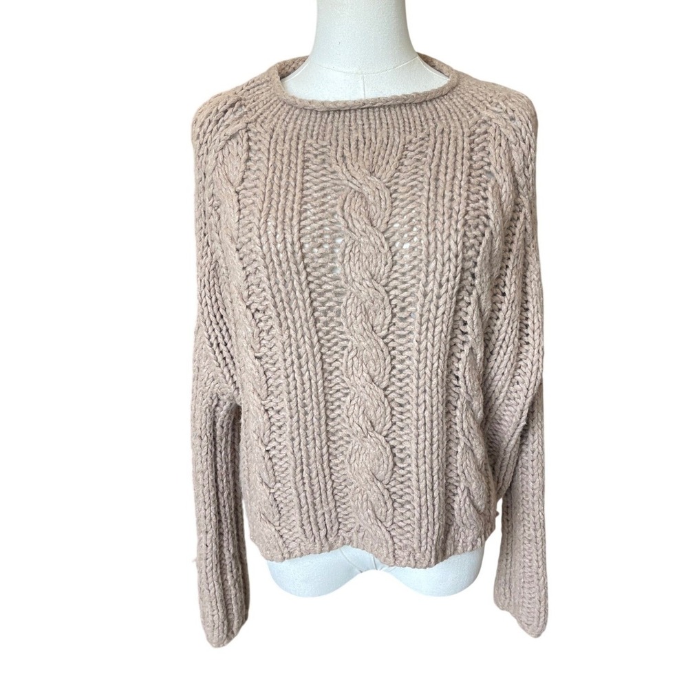 VTG Free People Chunky Cable Knit Fisherman Sweater Size M Roll Neck‎ Granola